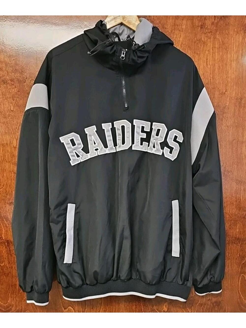 Vintage Raiders Mens Large Pullover Windbreaker W/Hood  1/4 Zip Ex Condition
